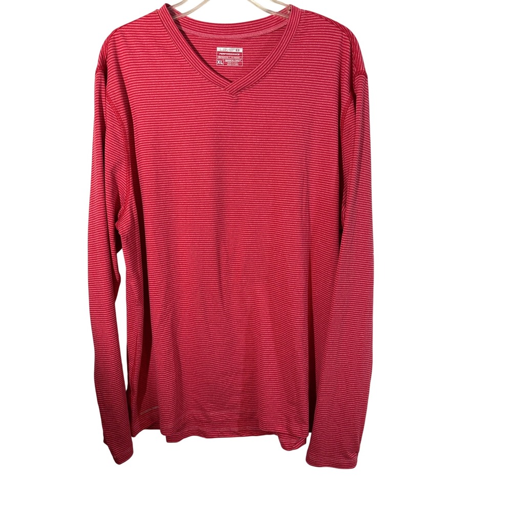 Layer 8 Performance Mens XL V-Neck Lng Sleeve Shirt Red Striped Qwick-Dry L53203